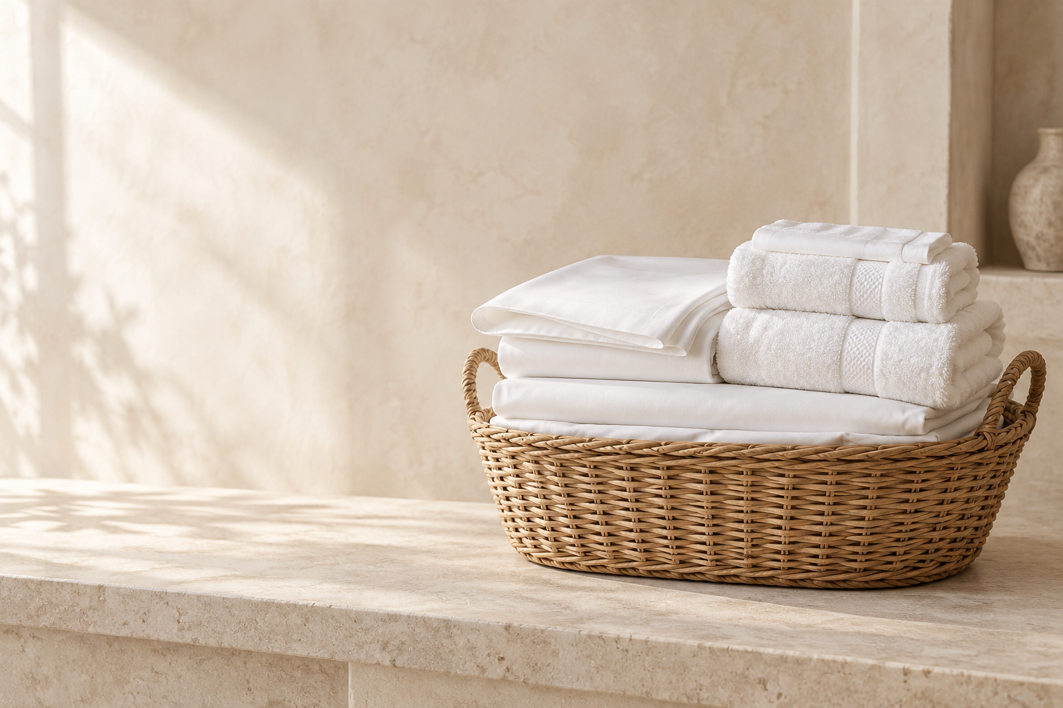 Panier en osier avec linge blanc soigneusement plié
